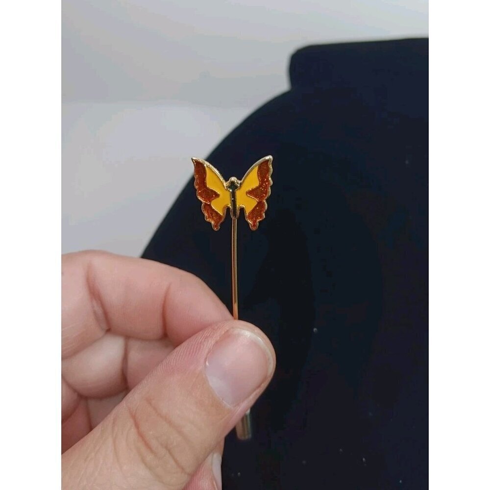 Vintage Red Yellow Enamel Butterfly Hat Stick Or Lapel Pin Goldtone